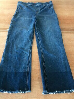 Spanx Cropped Flare Pull On Jeans Women M Blue High Rise Raw Hem Pocket Stretch